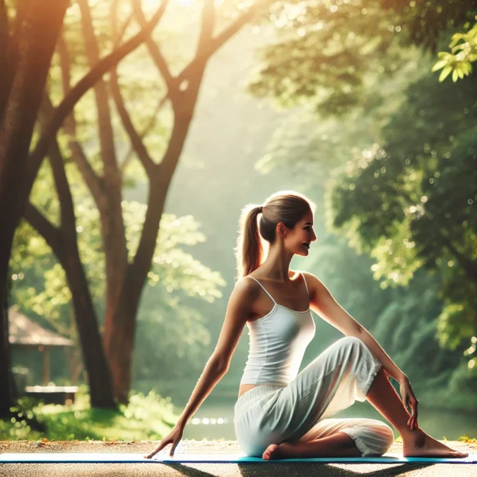 DALL·E 2024-11-10 10.38.41 - A peaceful image of a woman in her 30s or 40s engaging in outdoor physical activity, like yoga or walking in a natural setting, to symbolize health an